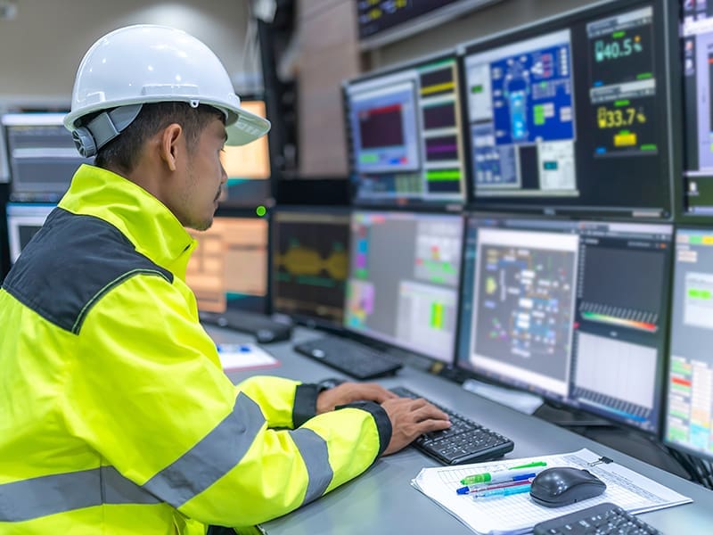 man in a hard hat working on a computer