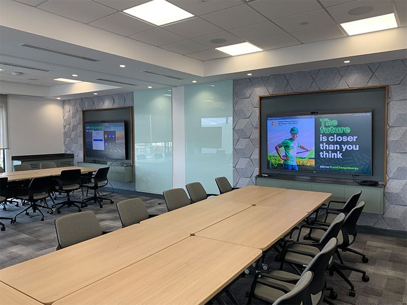 large conference room with a projector screen