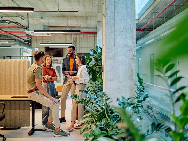 group of people standing in an office
